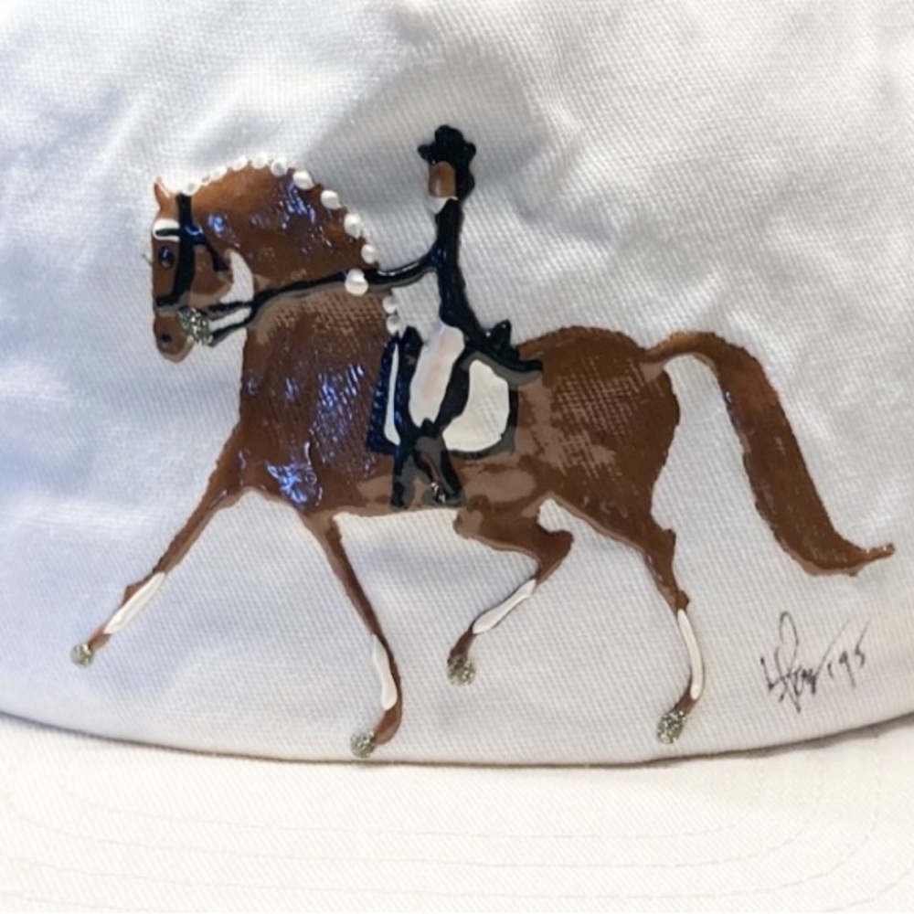 Equestrian Hand Painted Ball Cap Hat Horse Dressage White New - Picture 2 of 16